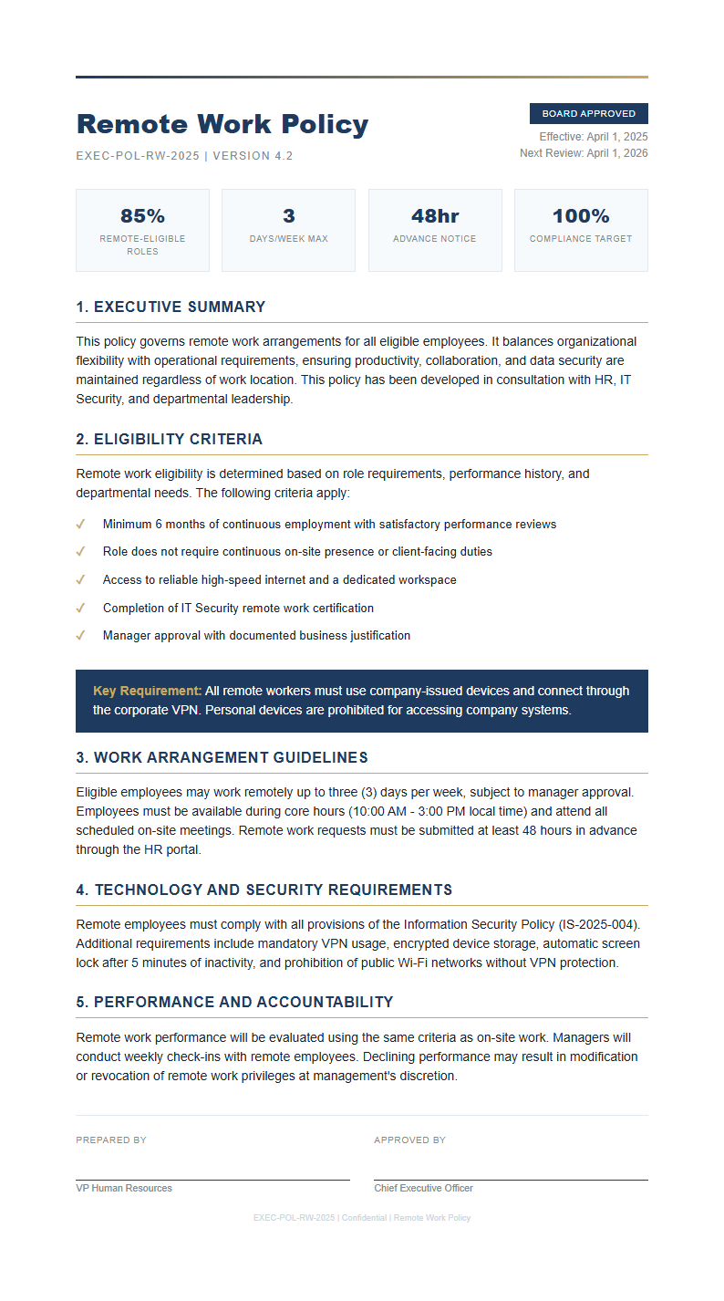 Executive policy brief with gold accents